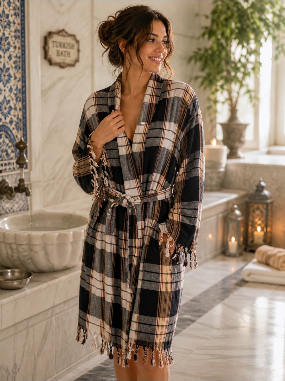 Turkish bathrobe. Plaid Fringe Wrap Robe - Black & Cream.